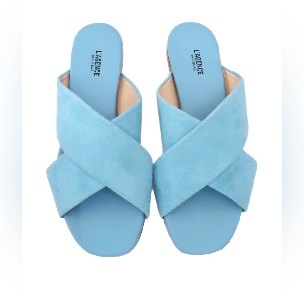 L'AGENCE Designer Suede Camila Leather Slide Sandals in Baltic Sea Blue Size 40